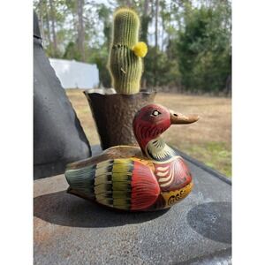 Hand Painted Wooden Duck Trinket Box Carved Folk Art Decoy Style Lift Off Lid